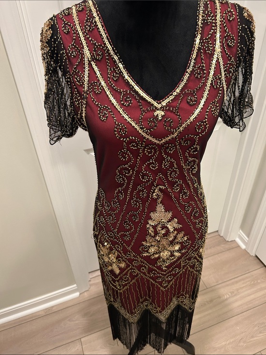Babeyond Dresses & Skirts - Babeyond Burgundy Flapper Dress with Gold Beading and Headband Feather XS